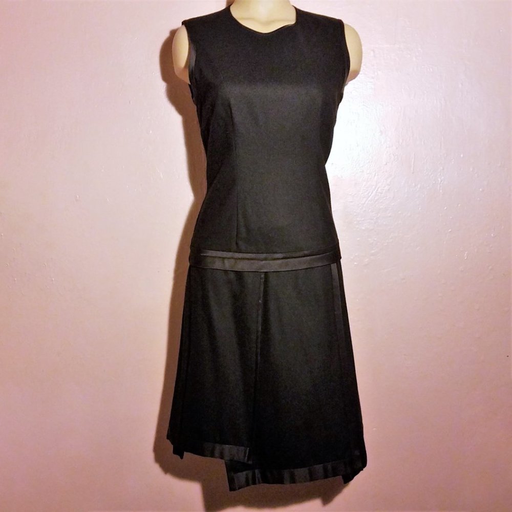 DKNY Drop Waist Dress~4-6/S~Wool/Cashmere~Satin Trim~Black~Uneven Panel Skirt